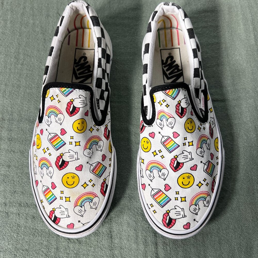 Vans Flour Shop Classic Slip-On Sneakers w Emojis, Rainbows, etc. SZ 7.5